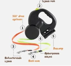 Dubbele Honden Riem – Leiband Hond – Hondenlijn – Looplijn Hond – 2 Honden – 3 Meter – Tot 12kg Per Hond – Reflecterende Lijnen – Met Zaklamp – 360° Draaien – Verstelbaar - Zwart -Huisdierbenodigdheden 1200x1111 1