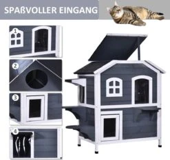 PawHut Kattenhuis Voor Buiten Kattenhut Met 2 Verdiepingen Kattenvilla, Asfaltdak, Massief Hout Grijs D30-236 -Huisdierbenodigdheden 1200x1130 1
