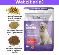 K9 Laboratories - Kalmte & Balans - Supplement - Voor Honden - Tegen Angst - Stress - Agressie - L-tryptofaan - Valeriaan - Hennepzaadolie - 60 Stuks - Voor Een Rustige Hond -Huisdierbenodigdheden 1200x1133