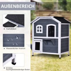 PawHut Kattenhuis Voor Buiten Kattenhut Met 2 Verdiepingen Kattenvilla, Asfaltdak, Massief Hout Grijs D30-236 -Huisdierbenodigdheden 1200x1200 471