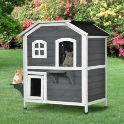 PawHut Kattenhuis Voor Buiten Kattenhut Met 2 Verdiepingen Kattenvilla, Asfaltdak, Massief Hout Grijs D30-236 -Huisdierbenodigdheden 1200x1200 472