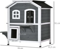 PawHut Kattenhuis Voor Buiten Kattenhut Met 2 Verdiepingen Kattenvilla, Asfaltdak, Massief Hout Grijs D30-236 -Huisdierbenodigdheden 1200x983 1
